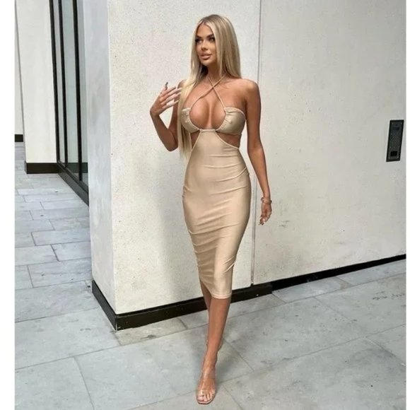 Nude Sleeveless Halter Neck Cutout Open Back Bodycon Midi Dress - Picture 7 of 15